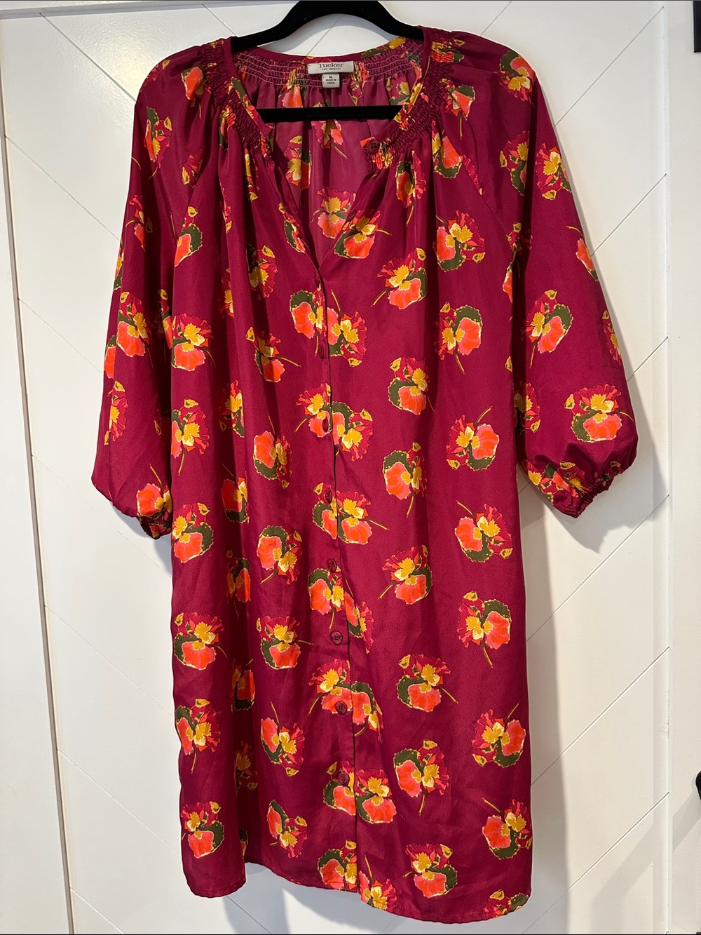 Tucker Pink Floral Shirred-Neck Blouse with Orange and Yellow Accents